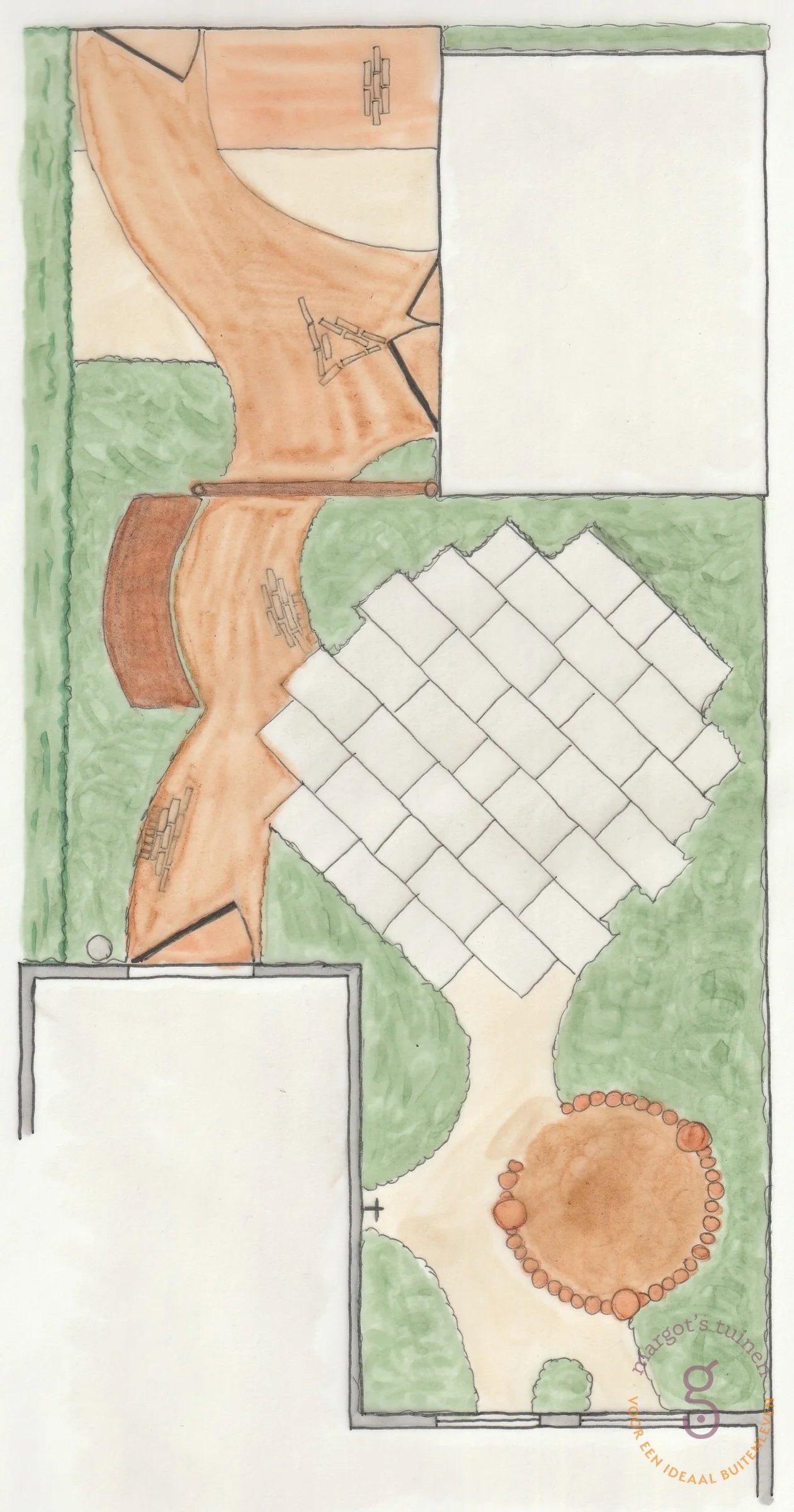 Handgetekend tuinontwerp in kleur voor een tuin in Warnsveld