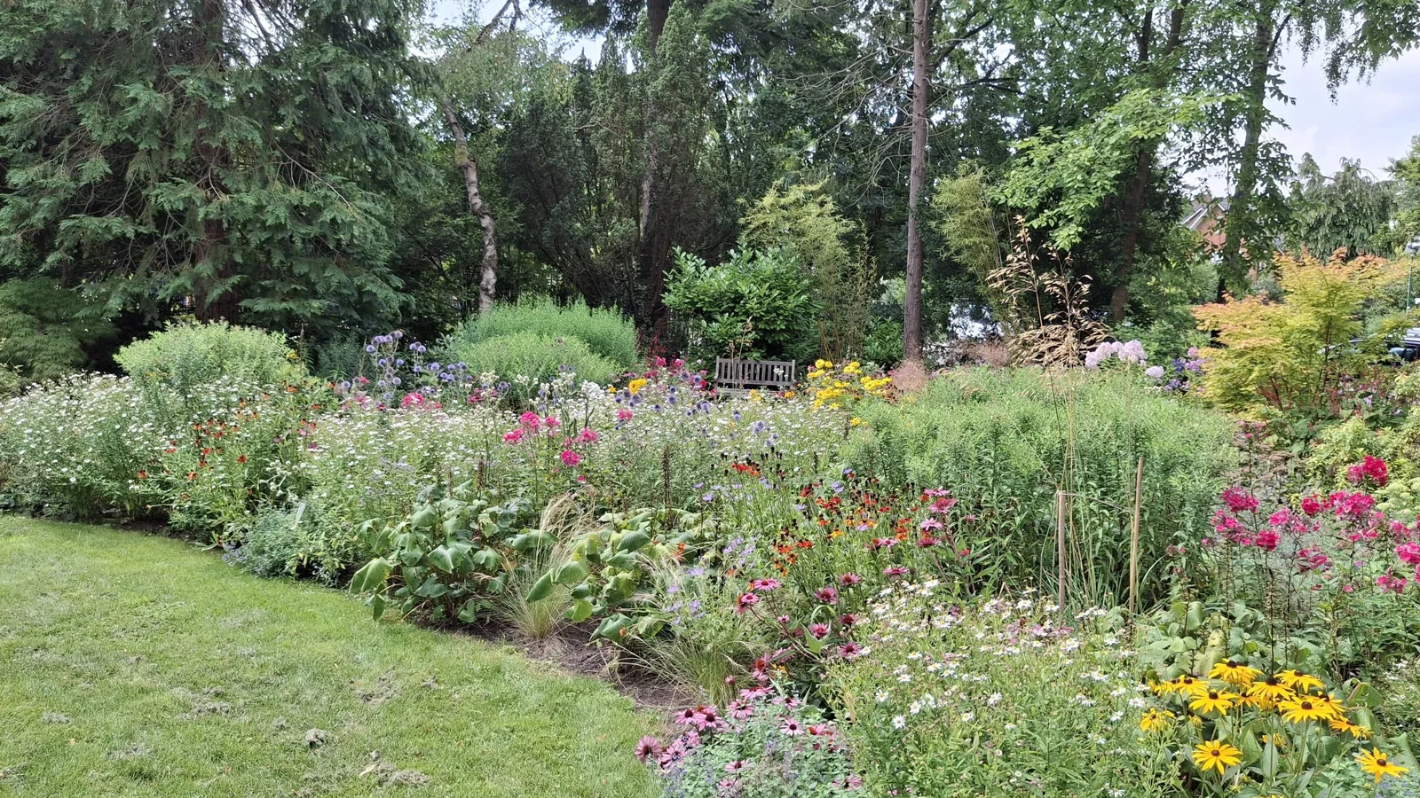 Een bloemenperk met diverse kleurrijke bloemen onder een grote boom in een tuin.