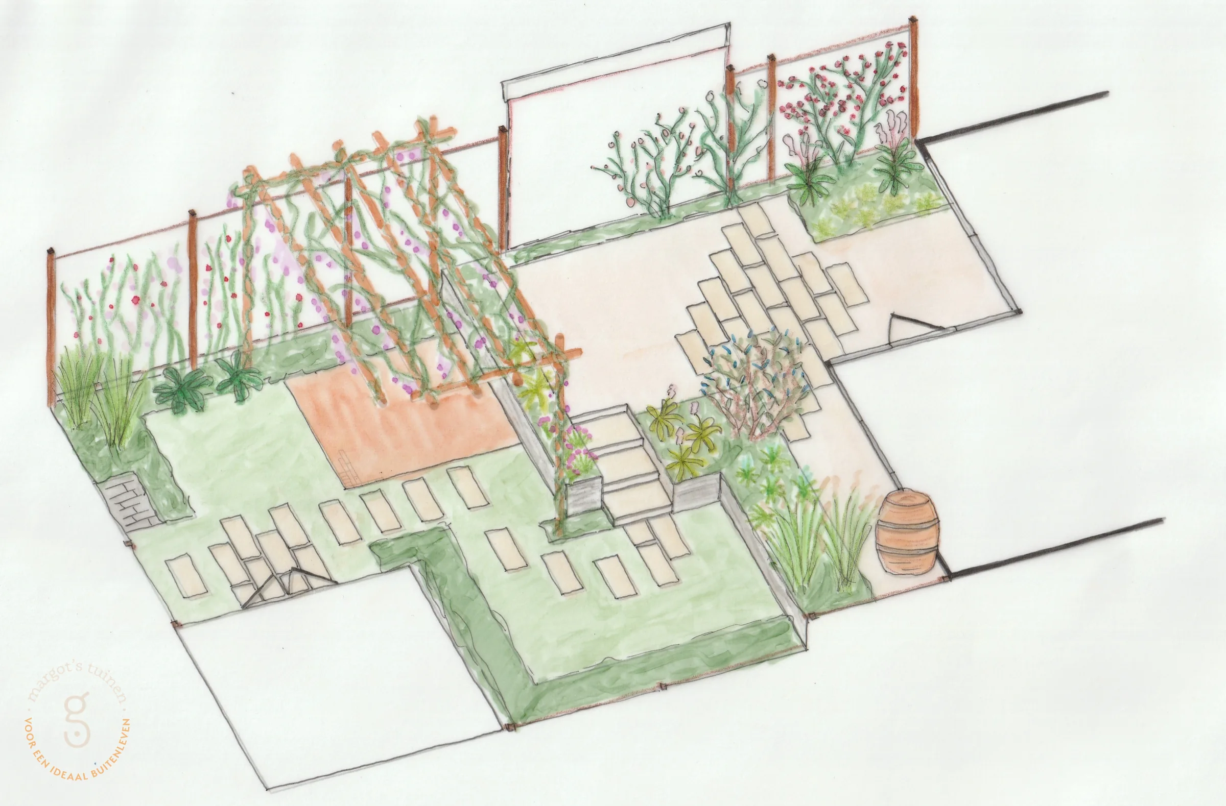 Handgetekende 3D-tekening van een tuin in drie lagen in Leidschendam