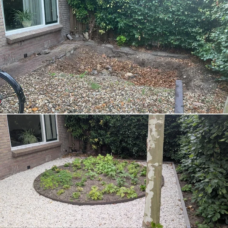 Voortuin in De Bilt voor en na de aanleg, van kale grond naar een ronde border met grind
