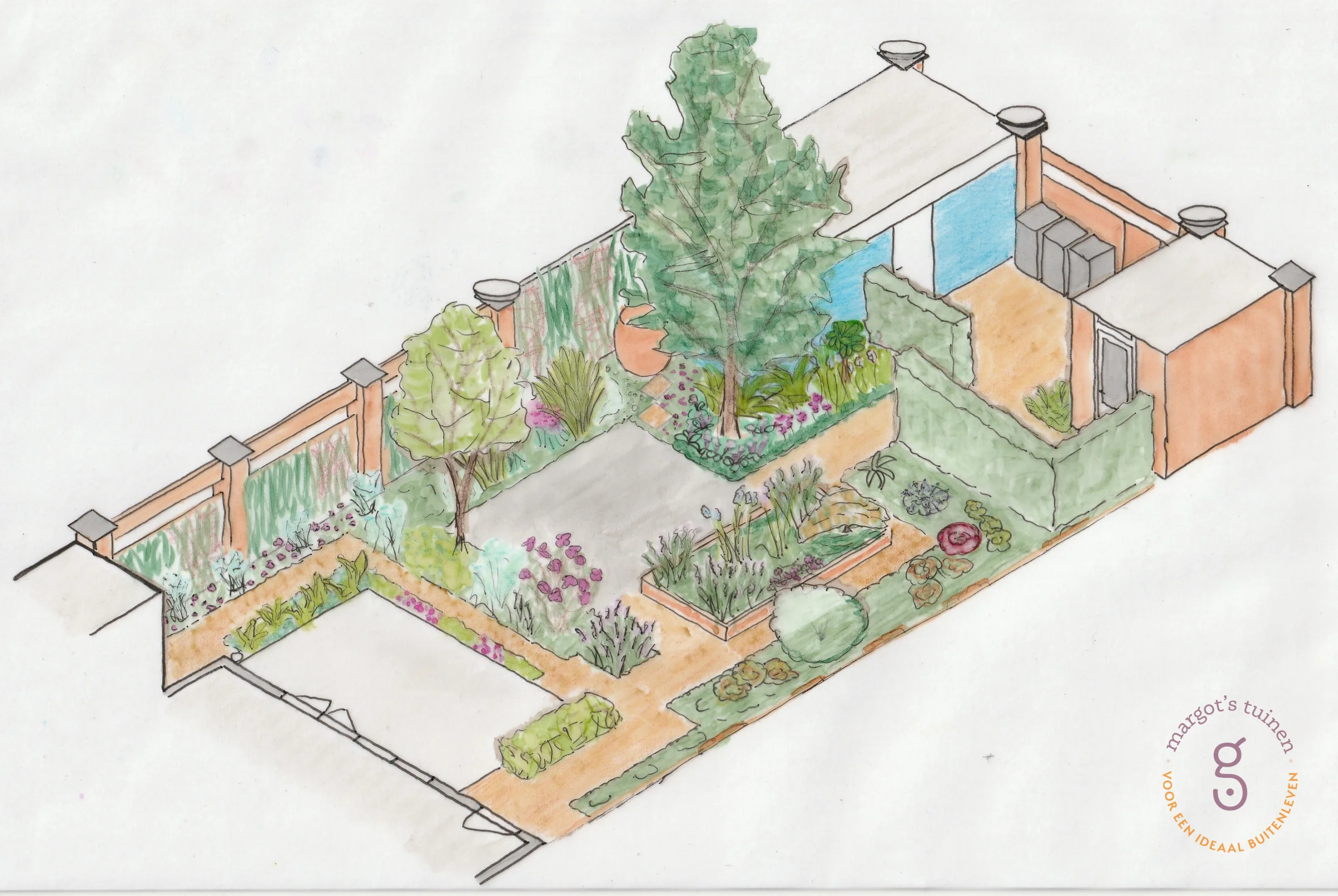 Handgetekende 3D-tekening van een mediterrane tuin in Hoofddorp
