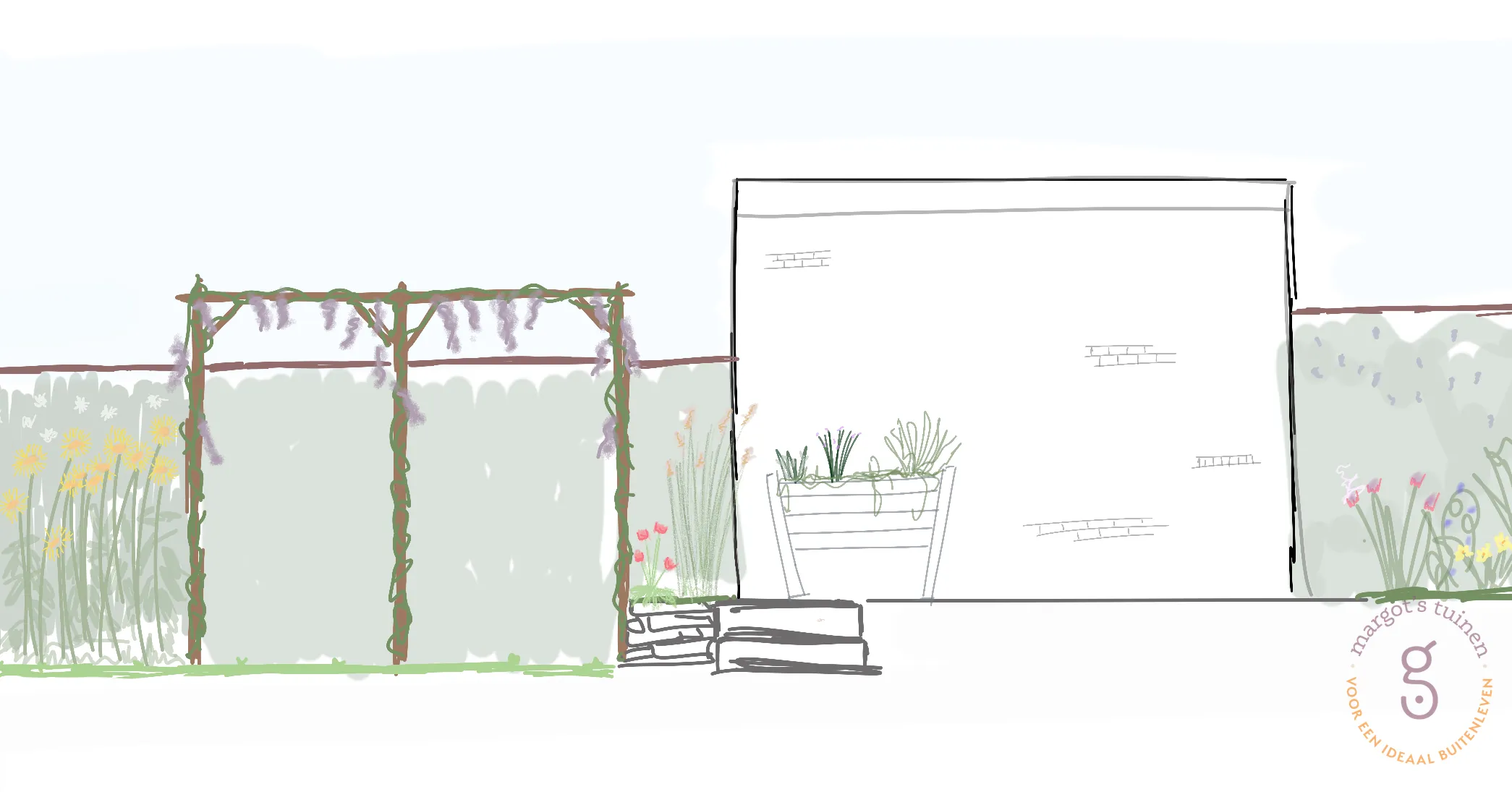 Handgetekende impressieschets uit het concept voor een tuin in Leidschendam
