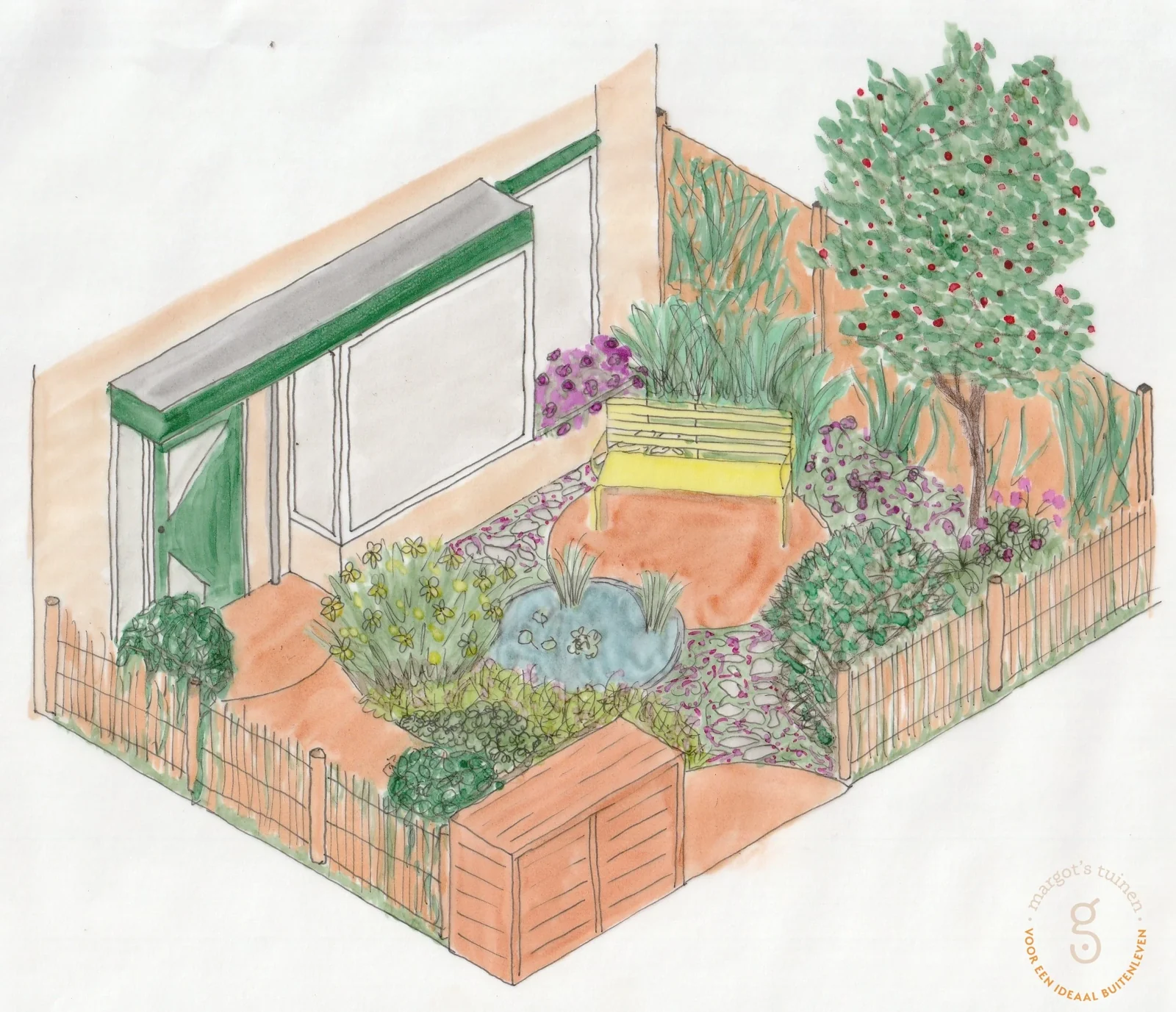 Handgetekende 3D-tekening van de voortuin in De Bilt