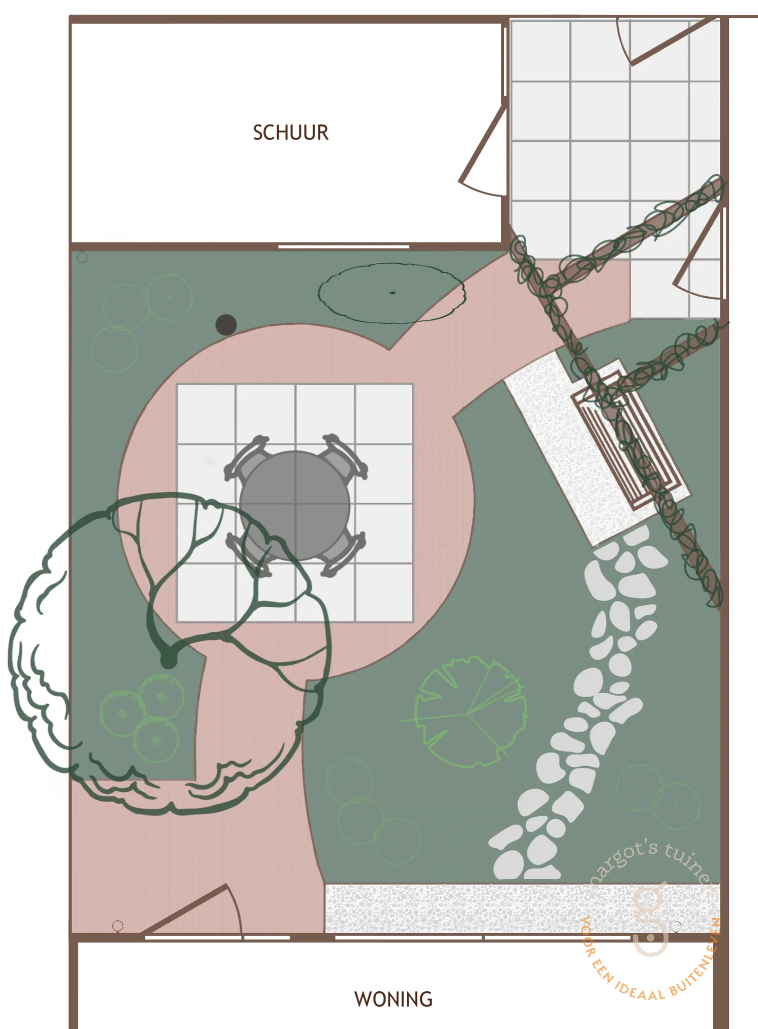 Handgetekend tuinontwerp van de achtertuin in De Bilt met een rond terras en een pergola