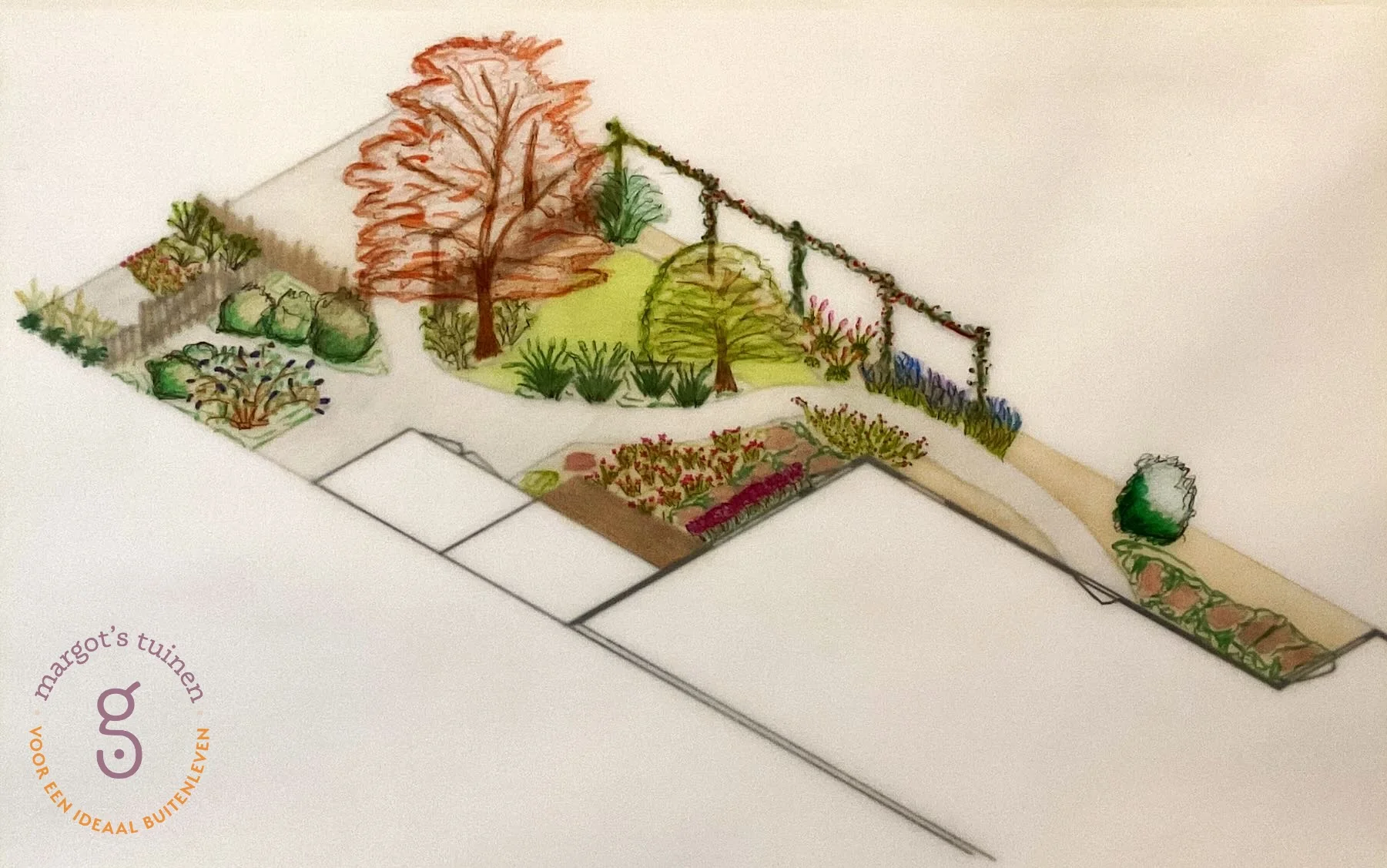Handgetekende 3D-tekening van de romantische tuin in Naaldwijk