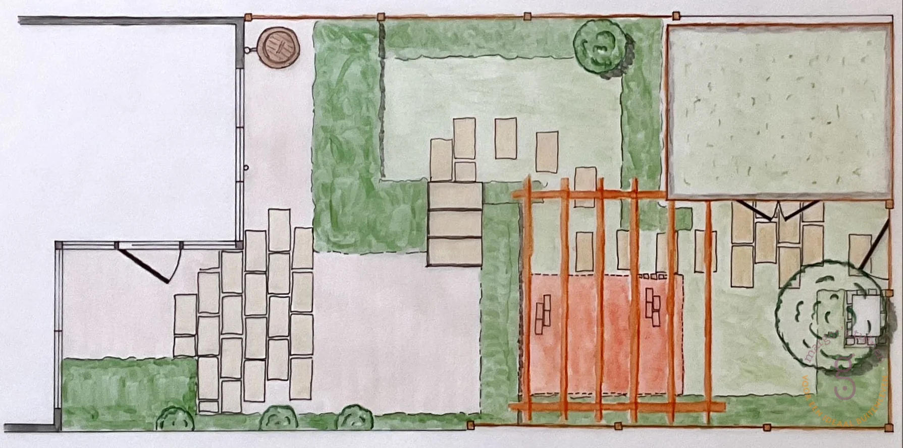 Handgetekend definitief tuinontwerp voor een tuin in drie lagen in Leidschendam