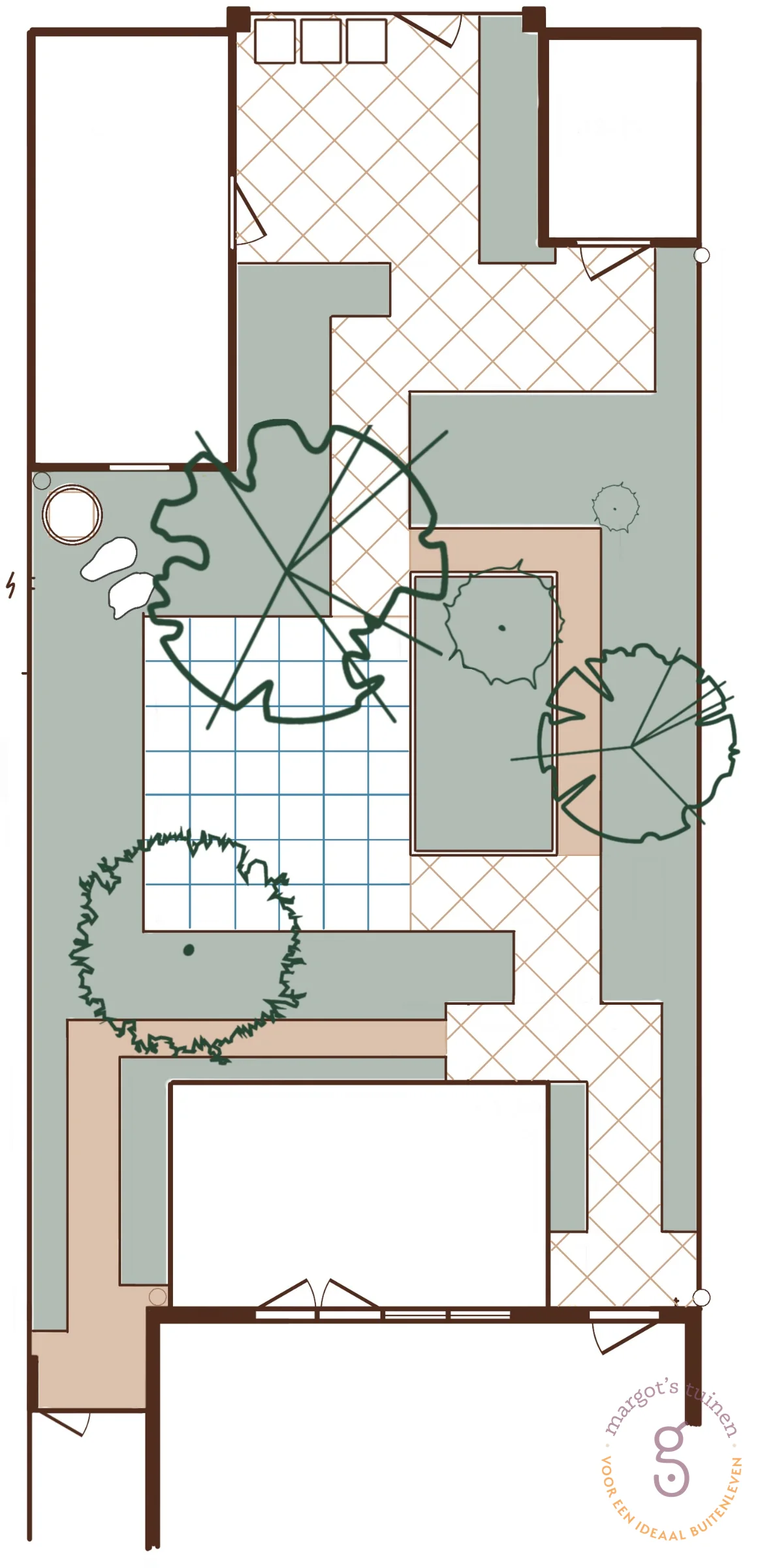 Handgetekend tuinontwerp voor een mediterrane tuin in Hoofddorp