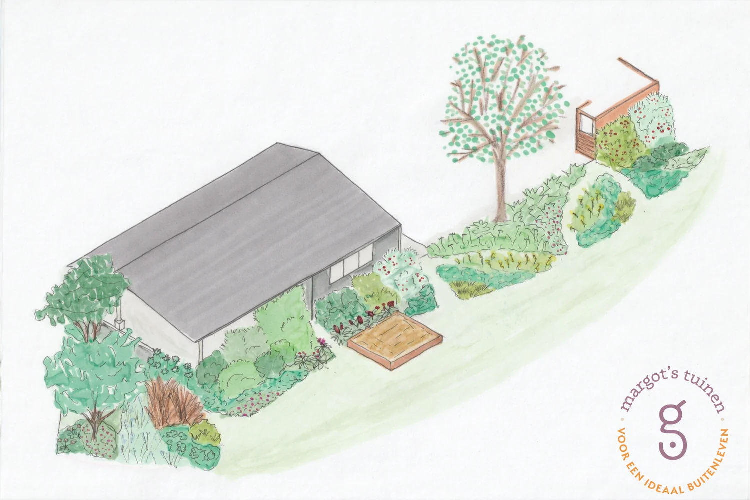 Handgetekende tekening van een tuinontwerp in het polderlandschap bij Woerden