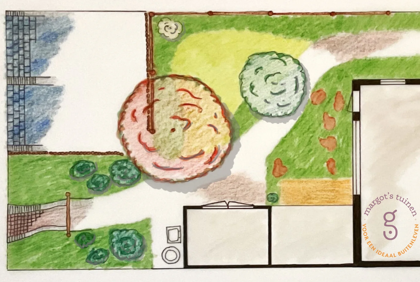 Handgetekend tuinontwerp met pergola langs de erfgrens en meanderend pad