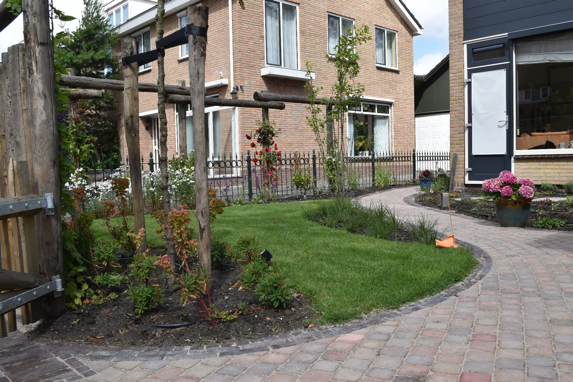 Voortuin met houten pergola en meanderend pad na tuinontwerp op maat