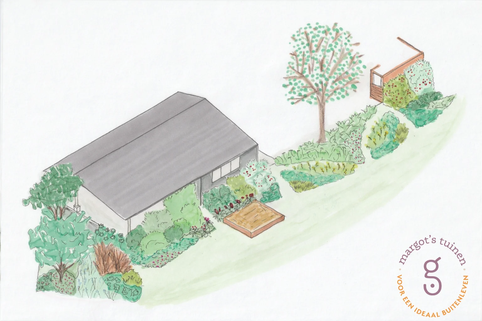 3D-tekening van een natuurrijke tuin in de regio Woerden