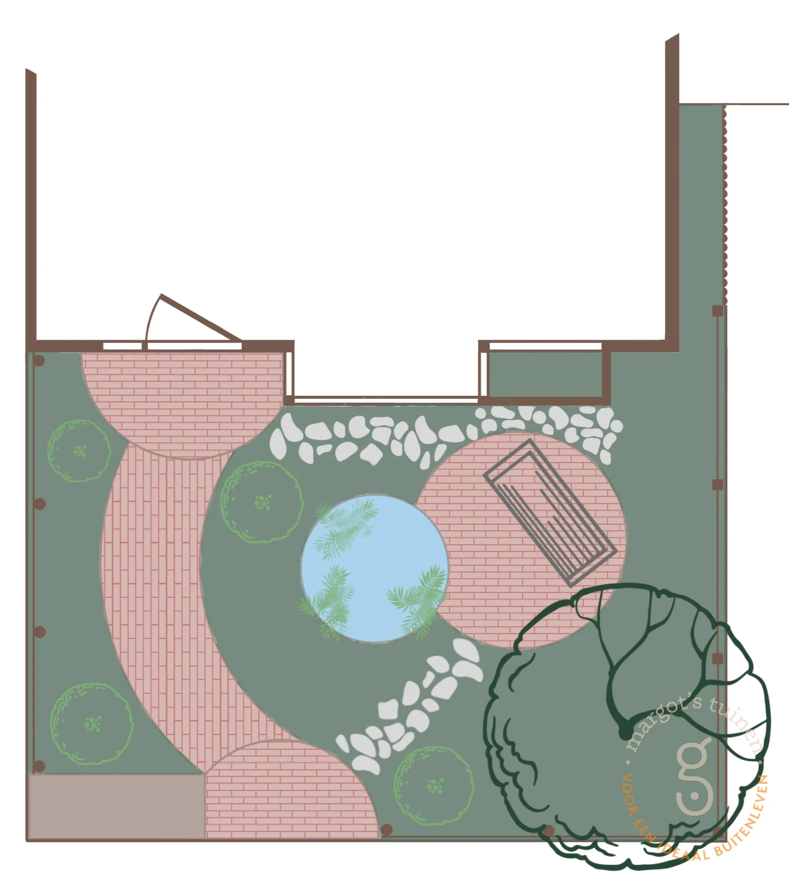 Handgetekend tuinontwerp van de voortuin in De Bilt met een ronde vijver