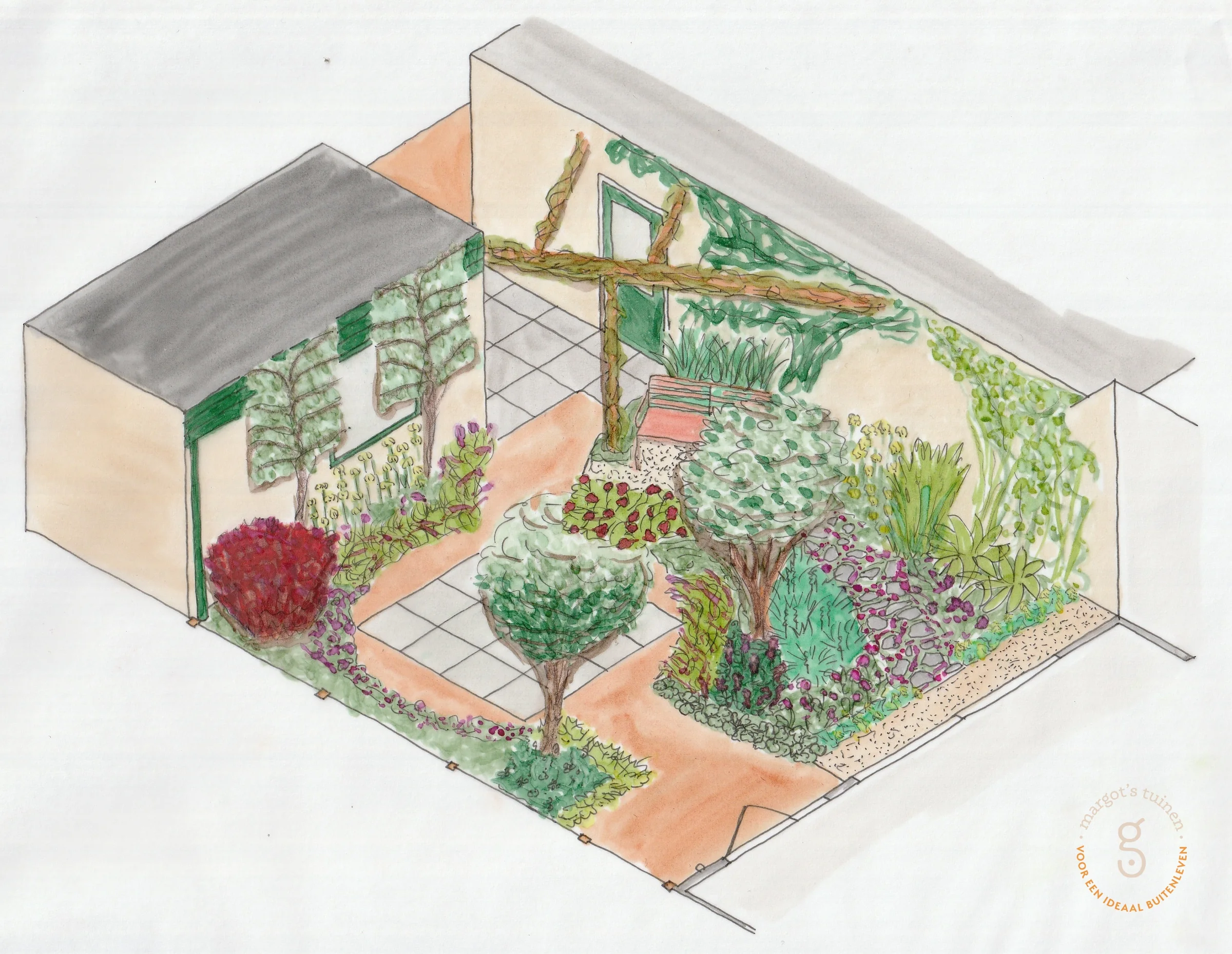 Handgetekende 3D-tekening van de achtertuin in De Bilt