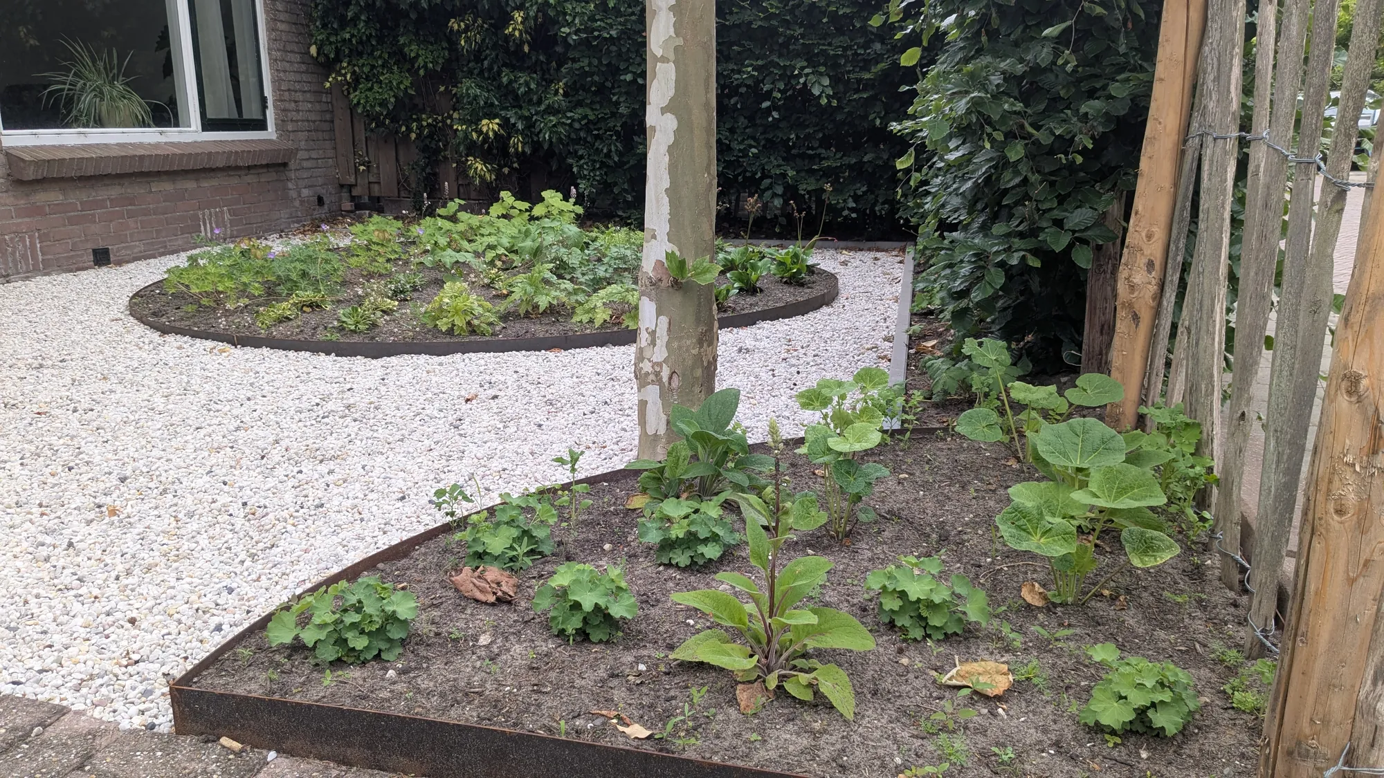 Ronde borders met een cortenstalen rand en licht grind in een voortuin in De Bilt