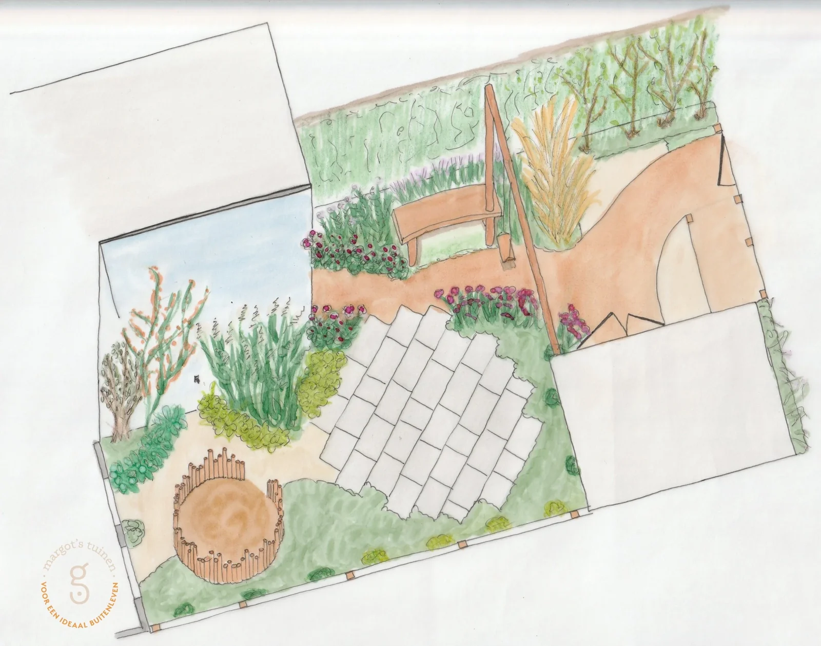Handgetekende 3D-tekening in kleur van een gezinstuin in Warnsveld